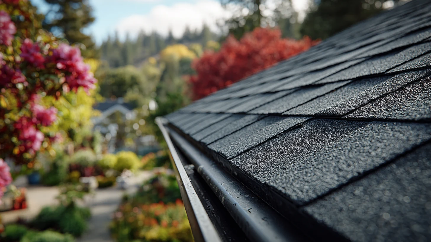Close view of a shingle roof edge and gutter beside leafy trees