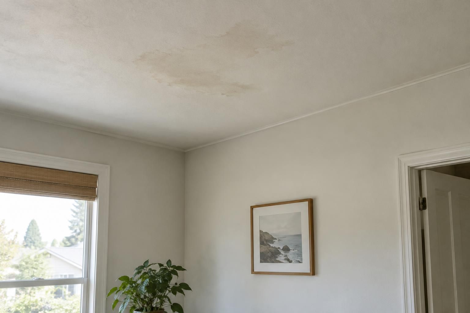 A faint ceiling stain in a quiet, naturally lit room.
