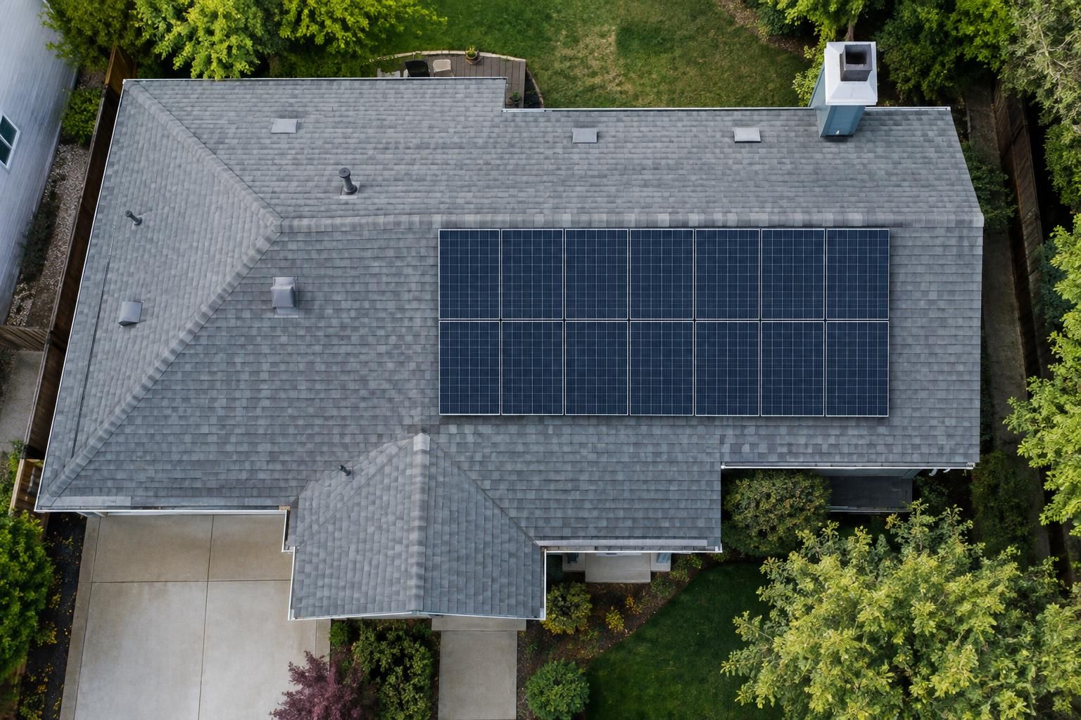 Overhead view of a residential roof with a neatly arranged solar array.