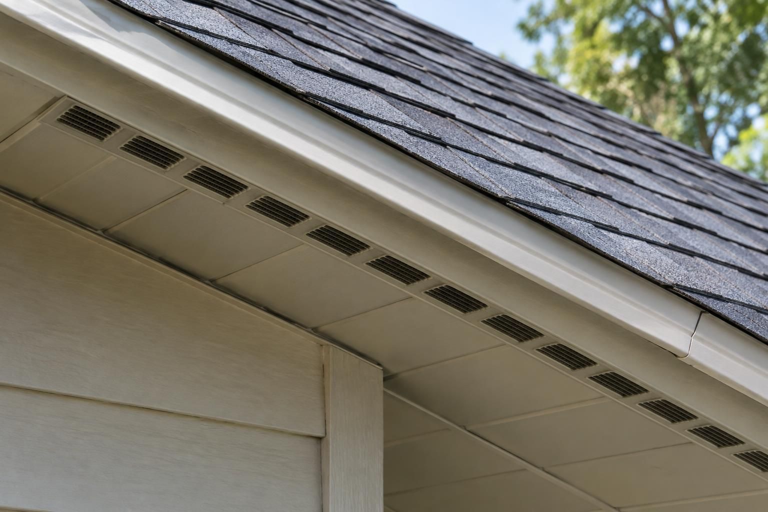 Overhead view of a residential roof eave and soffit detail with ventilation openings.