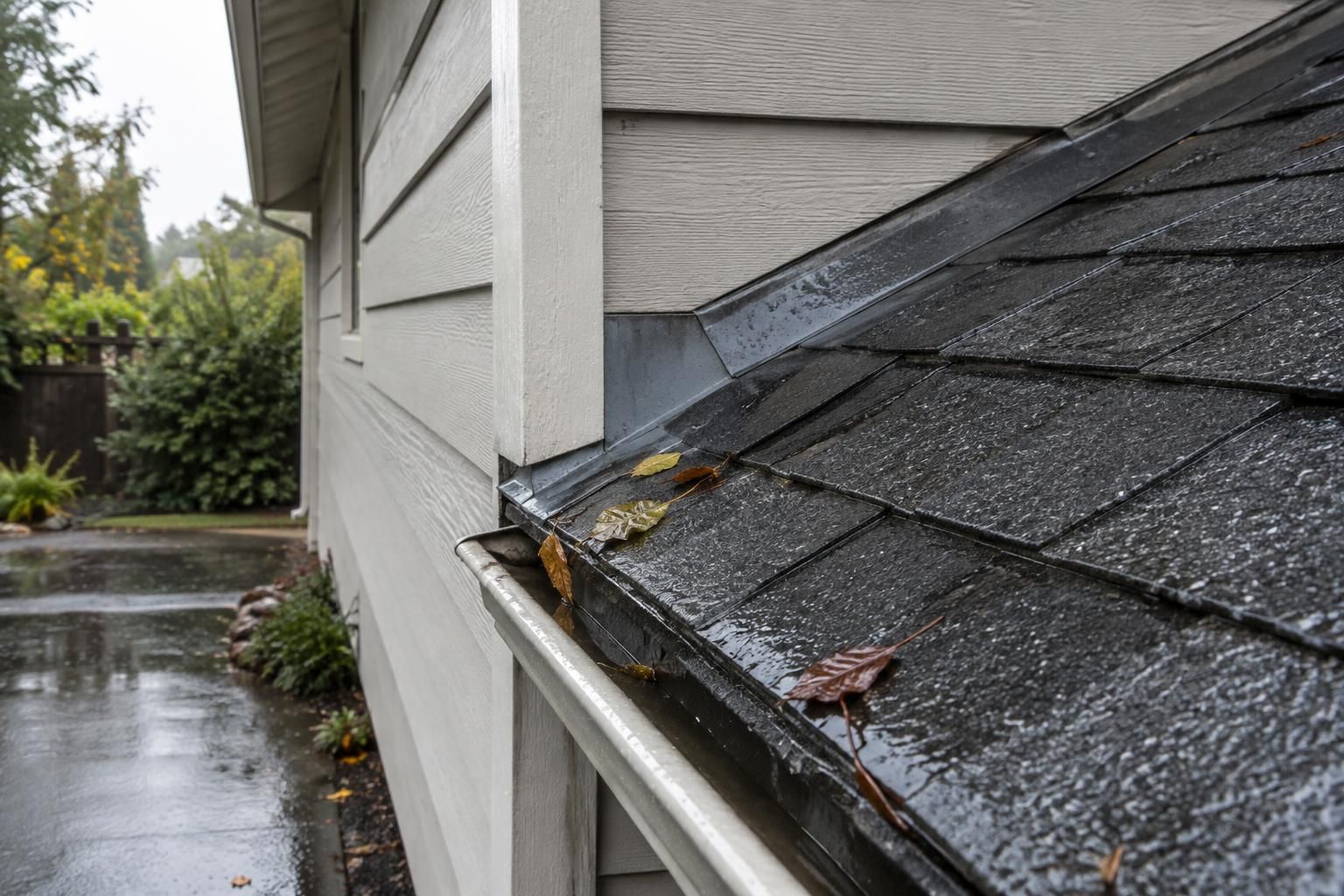 Close view of rain-darkened shingles and roof-wall flashing on a modest home after a storm