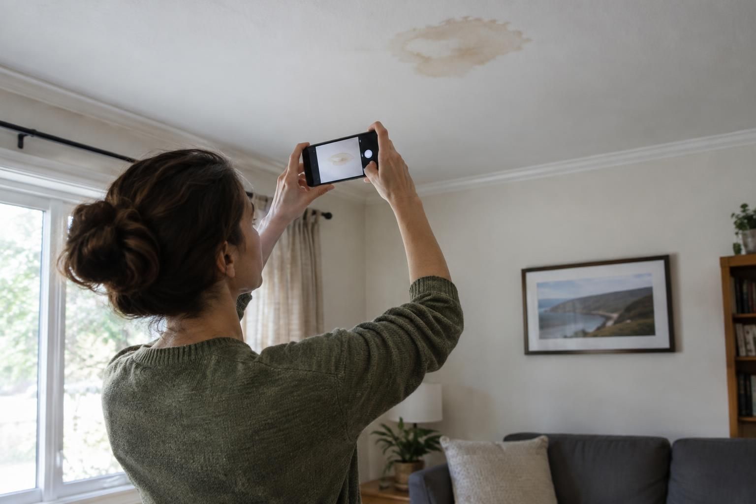 Homeowner photographing a ceiling mark from the floor