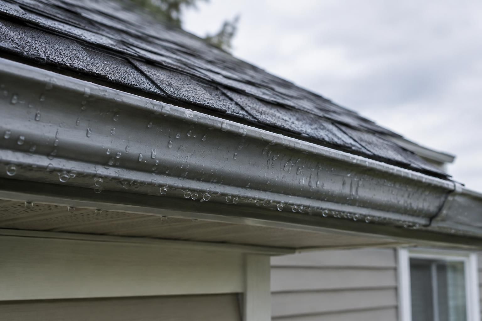Rain droplets along the edge of a residential gutter beneath a shingled roof.